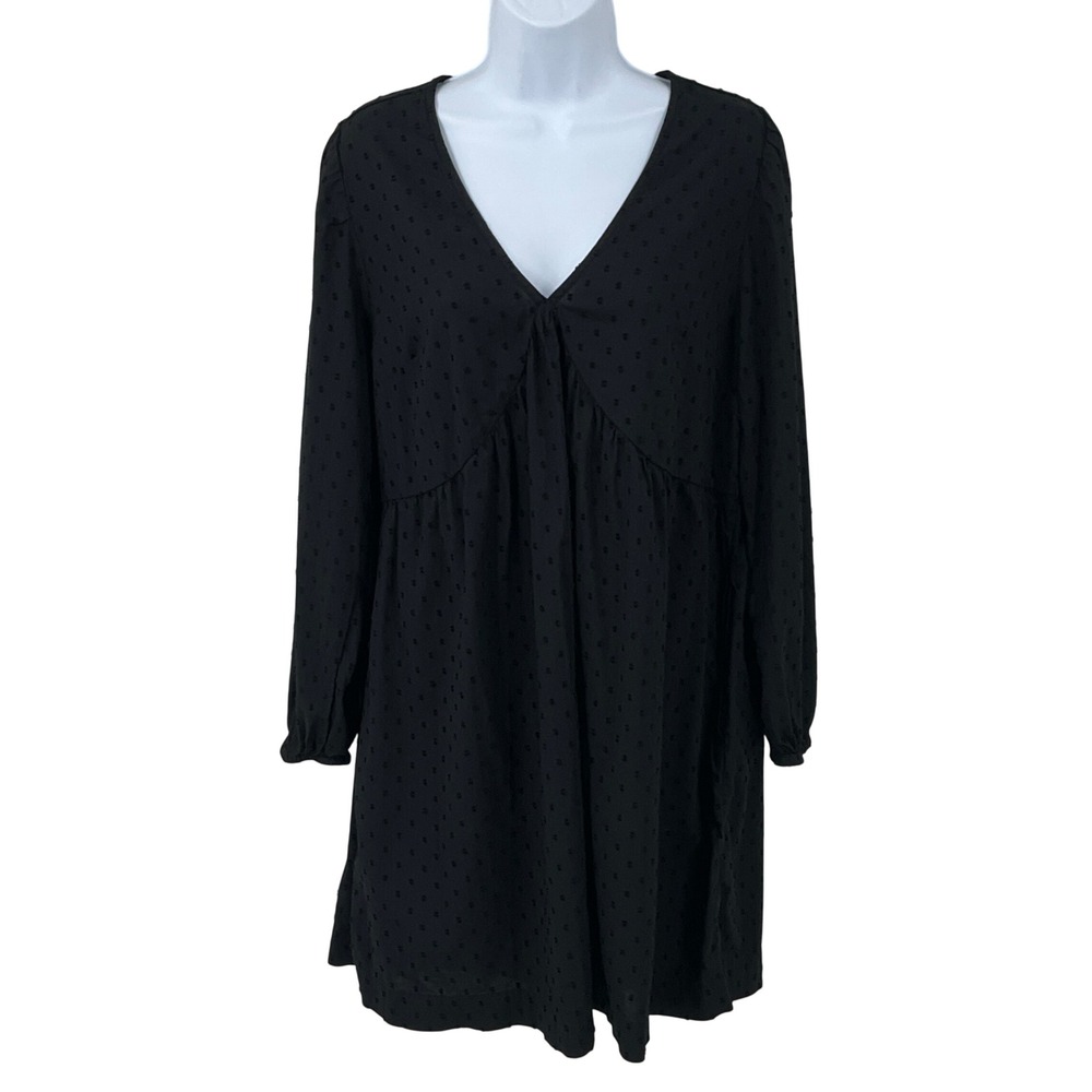 Old Navy Dress Women M Black Babydoll Swiss Dot V-Neck Boho Whimsigoth Goth